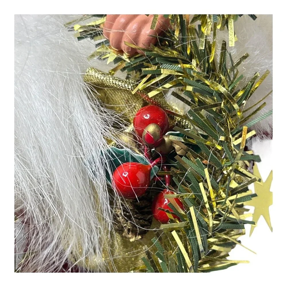 Vintage Christmas Holiday Santa w/tinsel on stand Garland Holly Berries